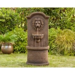 Lion Face 45"H Sandstone Outdoor LED Wall/Floor Fountain