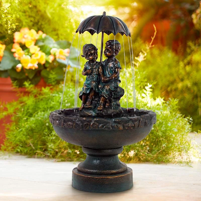 Boy And Girl Under Umbrella 40" High Bronze Indoor - Outdoor Fountain 4 Boy And Girl Under Umbrella 40" High Bronze Indoor - Outdoor Fountain - Image 2