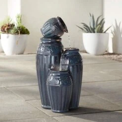 Four Blue Urns 27" High Ceramic LED Cascading Floor Fountain