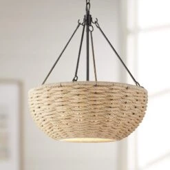 Golden Lighting Hathaway 20 1/4" Wide Matte Black And Rope Basket Pendant Light