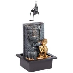 Kneeling Gold Buddha 17" High Indoor-Outdoor LED Table Fountain
